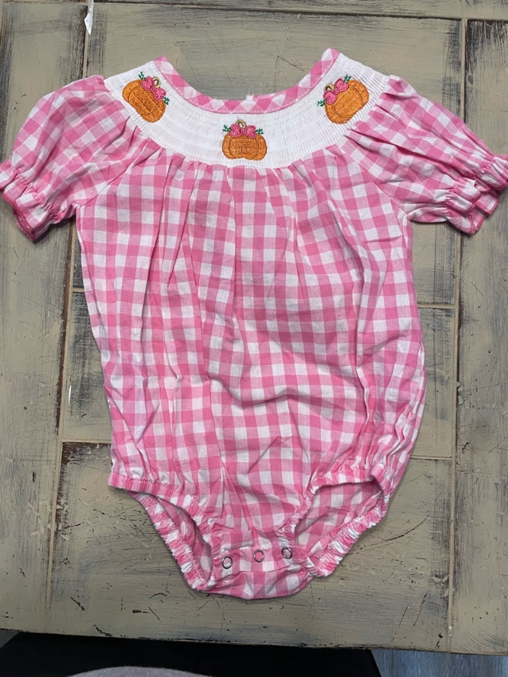 Pink Gingham Pumpkin Smocked One-Piece for Kids
